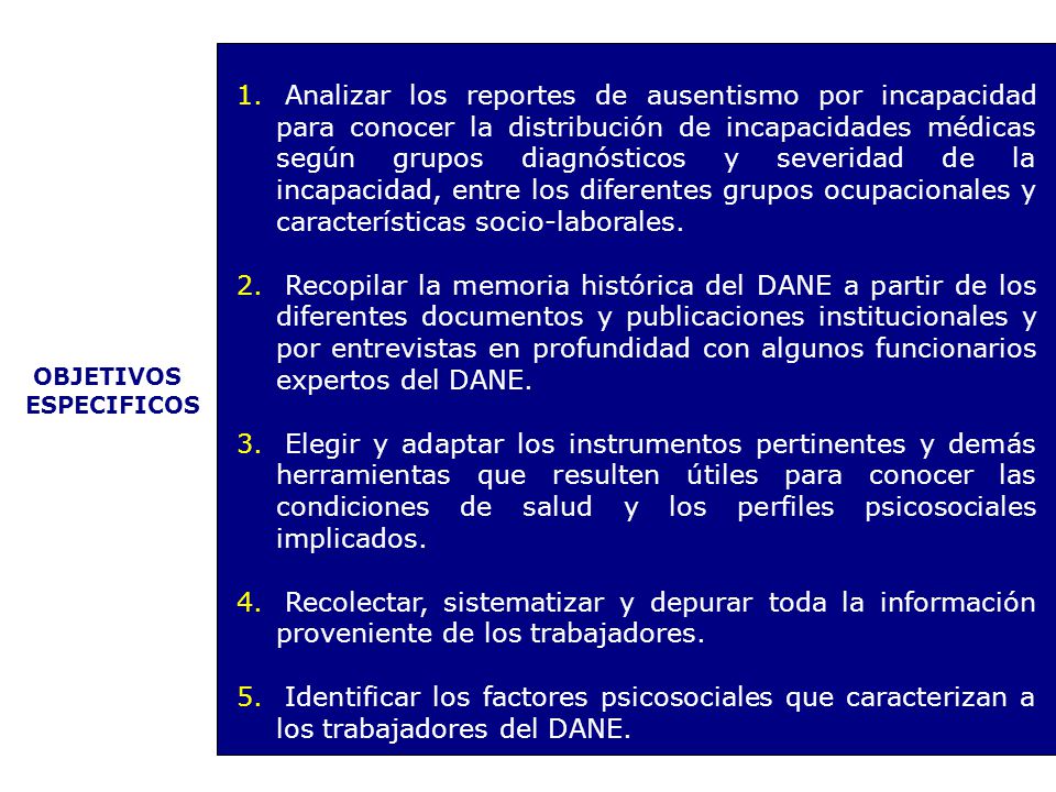Analizar los reportes de ausentismo por incapacidad para conocer la distribución de incapacidades médicas según grupos diagnósticos y severidad de la incapacidad, entre los diferentes grupos ocupacionales y características socio-laborales.