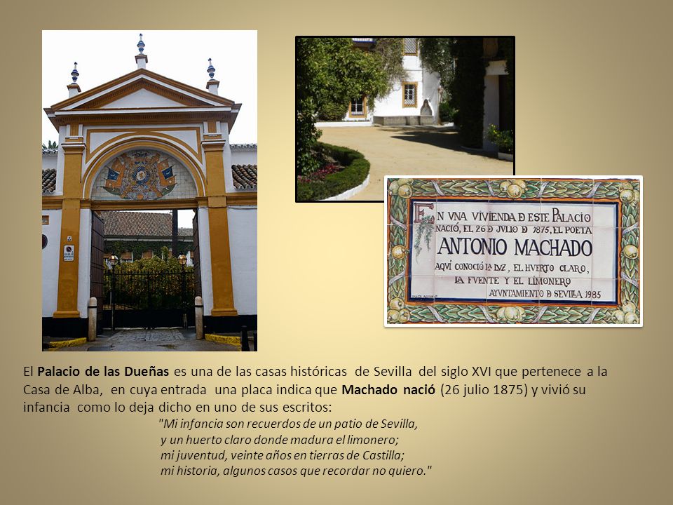 El Palacio de las Dueñas es una de las casas históricas de Sevilla del siglo XVI que pertenece a la Casa de Alba, en cuya entrada una placa indica que Machado nació (26 julio 1875) y vivió su infancia como lo deja dicho en uno de sus escritos: