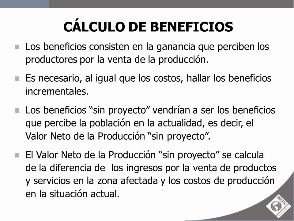 CÁLCULO DE BENEFICIOS Los beneficios consisten en la ganancia que perciben los productores por la venta de la producción.