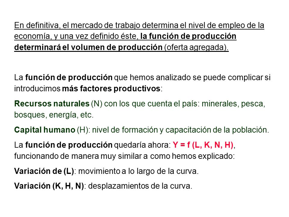 En definitiva, el mercado de trabajo determina el nivel de empleo de la economía, y una vez definido éste, la función de producción determinará el volumen de producción (oferta agregada).