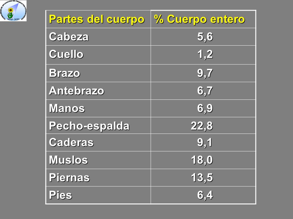 Partes del cuerpo % Cuerpo entero. Cabeza. 5,6. Cuello. 1,2. Brazo. 9,7. Antebrazo. 6,7. Manos.