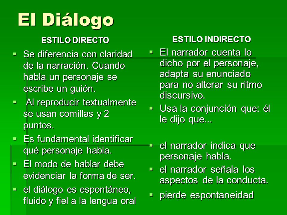 El Diálogo ESTILO DIRECTO. Se diferencia con claridad de la narración. Cuando habla un personaje se escribe un guión.