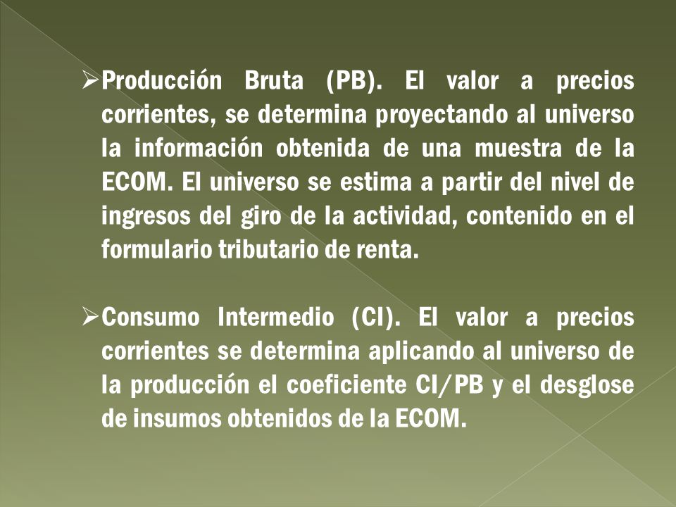 Producción Bruta (PB). El valor a precios corrientes, se determina proyectando al universo la información obtenida de una muestra de la ECOM. El universo se estima a partir del nivel de ingresos del giro de la actividad, contenido en el formulario tributario de renta.