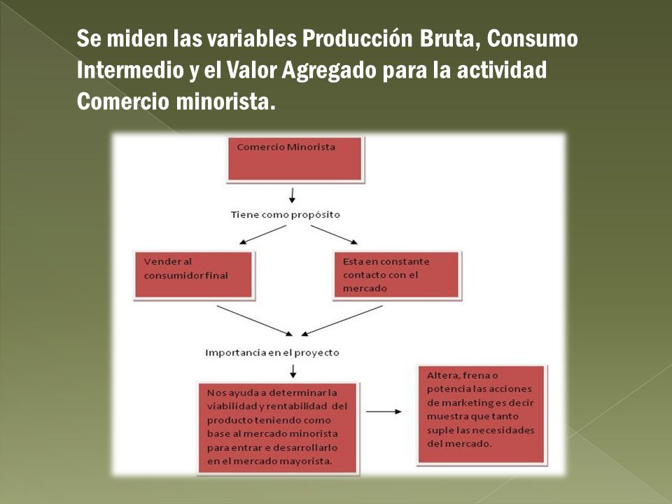 Se miden las variables Producción Bruta, Consumo Intermedio y el Valor Agregado para la actividad Comercio minorista.