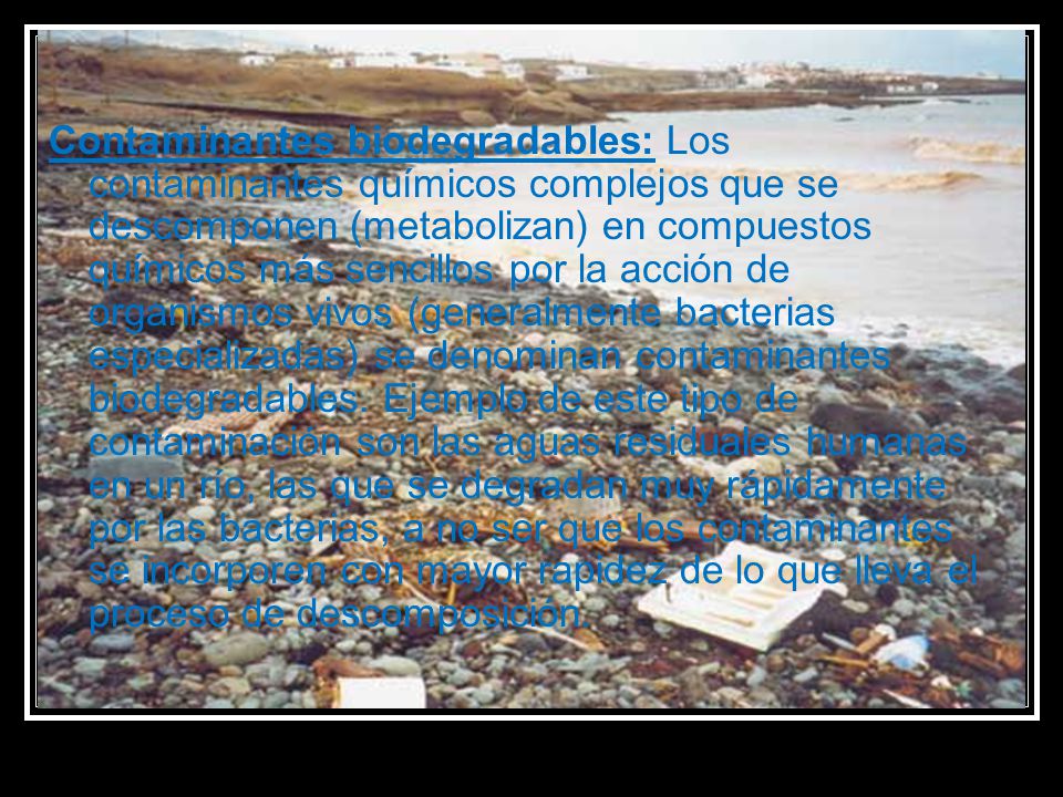 Contaminantes biodegradables: Los contaminantes químicos complejos que se descomponen (metabolizan) en compuestos químicos más sencillos por la acción de organismos vivos (generalmente bacterias especializadas) se denominan contaminantes biodegradables.