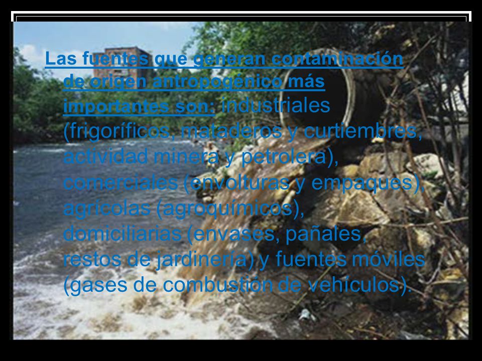 Las fuentes que generan contaminación de origen antropogénico más importantes son: industriales (frigoríficos, mataderos y curtiembres, actividad minera y petrolera), comerciales (envolturas y empaques), agrícolas (agroquímicos), domiciliarias (envases, pañales, restos de jardinería) y fuentes móviles (gases de combustión de vehículos).