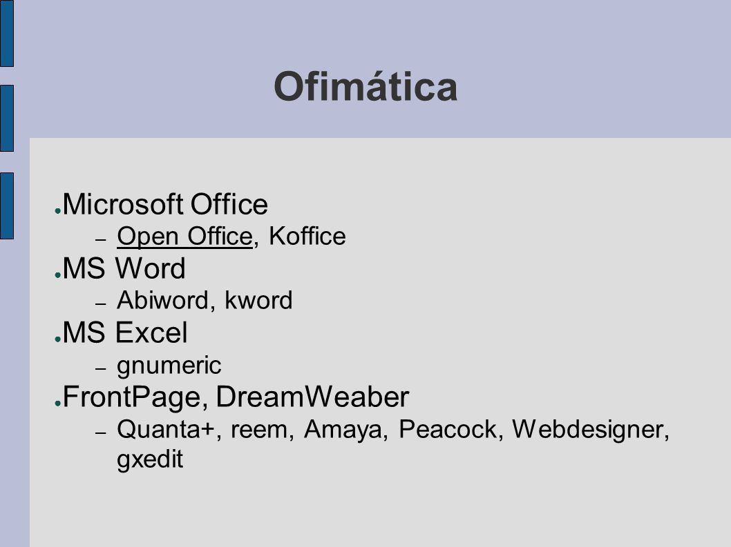 Ofimática Microsoft Office MS Word MS Excel FrontPage, DreamWeaber