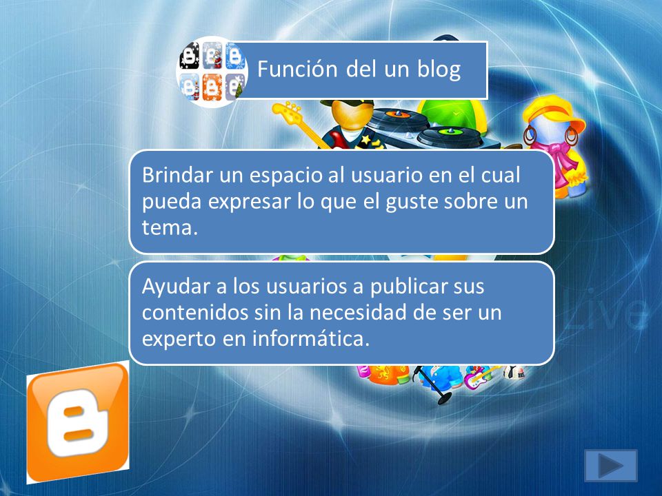 Función del un blog Brindar un espacio al usuario en el cual pueda expresar lo que el guste sobre un tema.