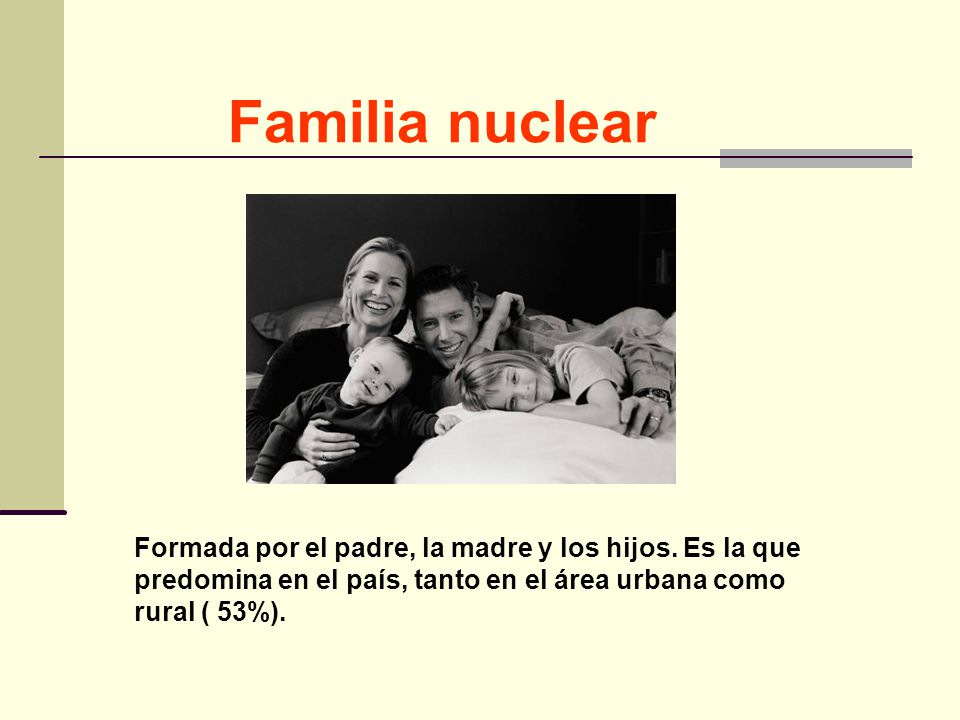 Familia nuclear Formada por el padre, la madre y los hijos.
