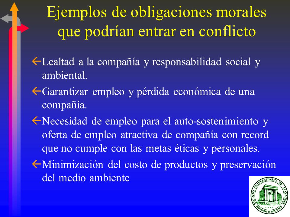 Ejemplos de obligaciones morales que podrían entrar en conflicto