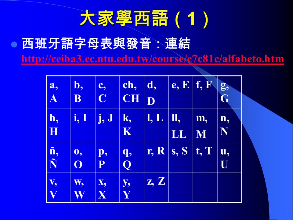 大家學西語（1） 西班牙語字母表與發音：連結  a, A. b, B. c, C. ch, CH.