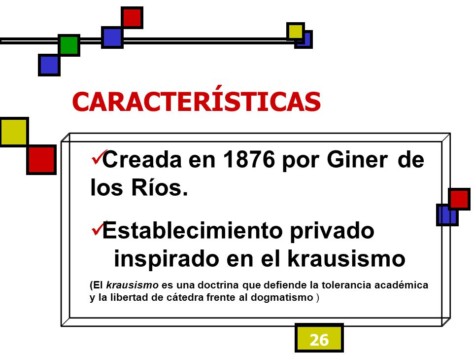 CARACTERÍSTICAS Creada en 1876 por Giner de los Ríos.