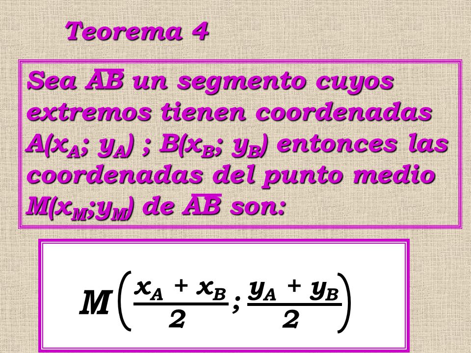 Teorema 4 Sea AB un segmento cuyos extremos tienen coordenadas A(xA; yA) ; B(xB; yB) entonces las coordenadas del punto medio M(xM;yM) de AB son: