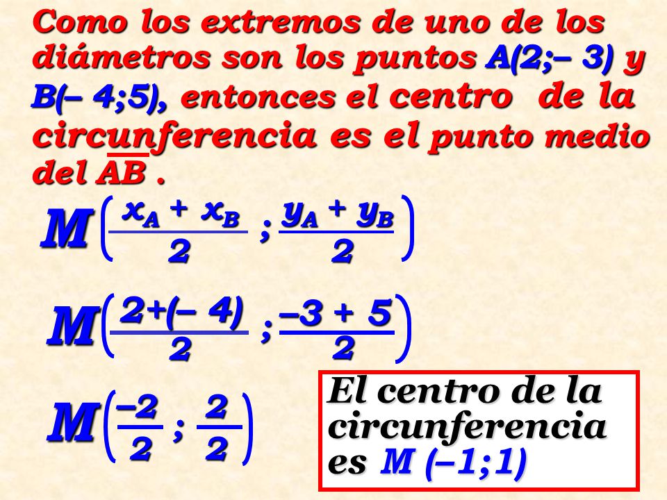 M M M 2+(– 4) –3 + 5 El centro de la circunferencia es M (–1;1) –2