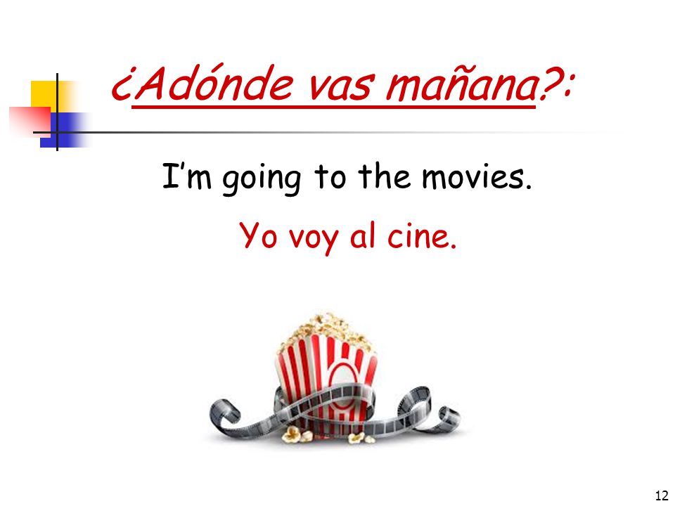 ¿Adónde vas mañana : I’m going to the movies. Yo voy al cine.