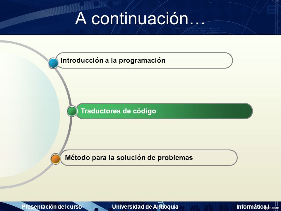 A continuación… Introducción a la programación Traductores de código