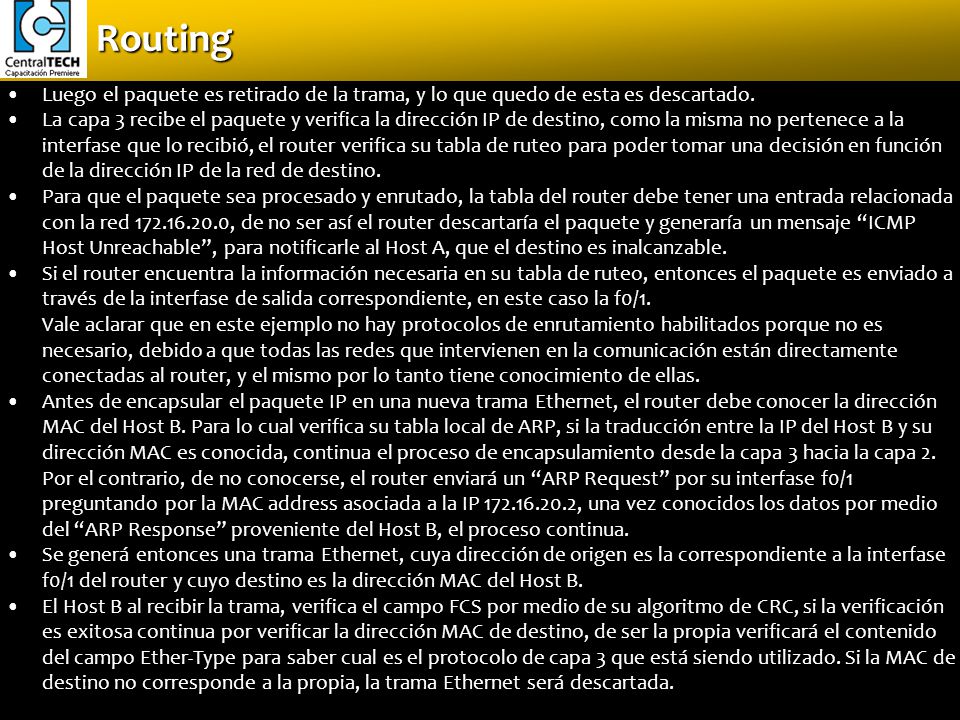 Routing Luego el paquete es retirado de la trama, y lo que quedo de esta es descartado.