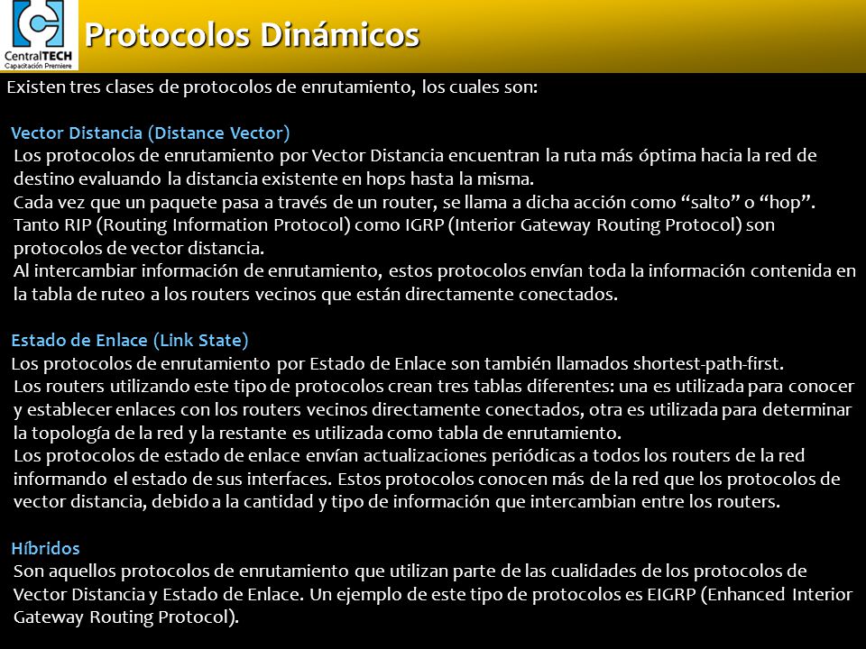 Protocolos Dinámicos Existen tres clases de protocolos de enrutamiento, los cuales son: Vector Distancia (Distance Vector)