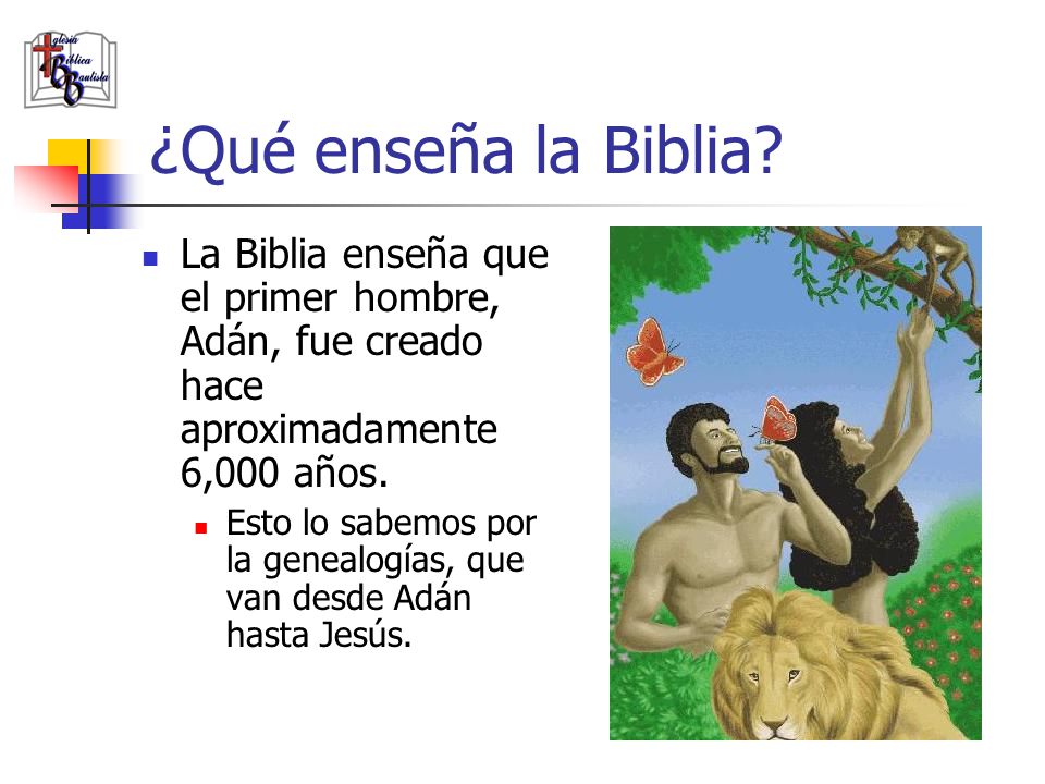 ¿Qué enseña la Biblia La Biblia enseña que el primer hombre, Adán, fue creado hace aproximadamente 6,000 años.