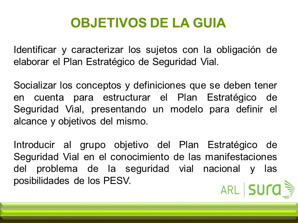 OBJETIVOS DE LA GUIA Identificar y caracterizar los sujetos con la obligación de elaborar el Plan Estratégico de Seguridad Vial.
