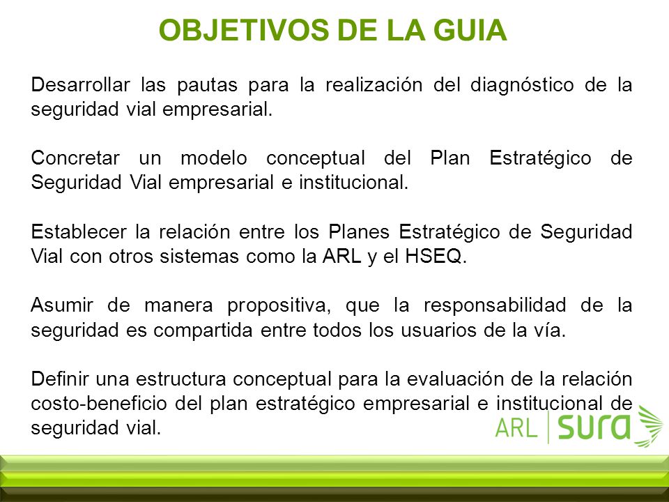 OBJETIVOS DE LA GUIA Desarrollar las pautas para la realización del diagnóstico de la seguridad vial empresarial.