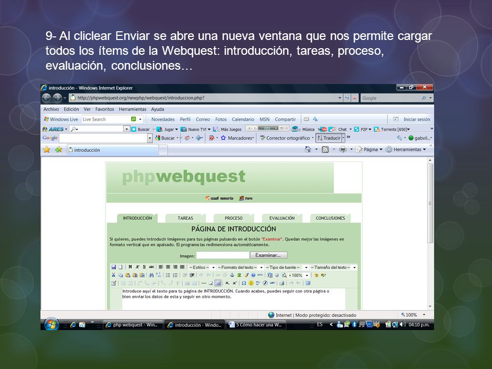 9- Al cliclear Enviar se abre una nueva ventana que nos permite cargar todos los ítems de la Webquest: introducción, tareas, proceso, evaluación, conclusiones…