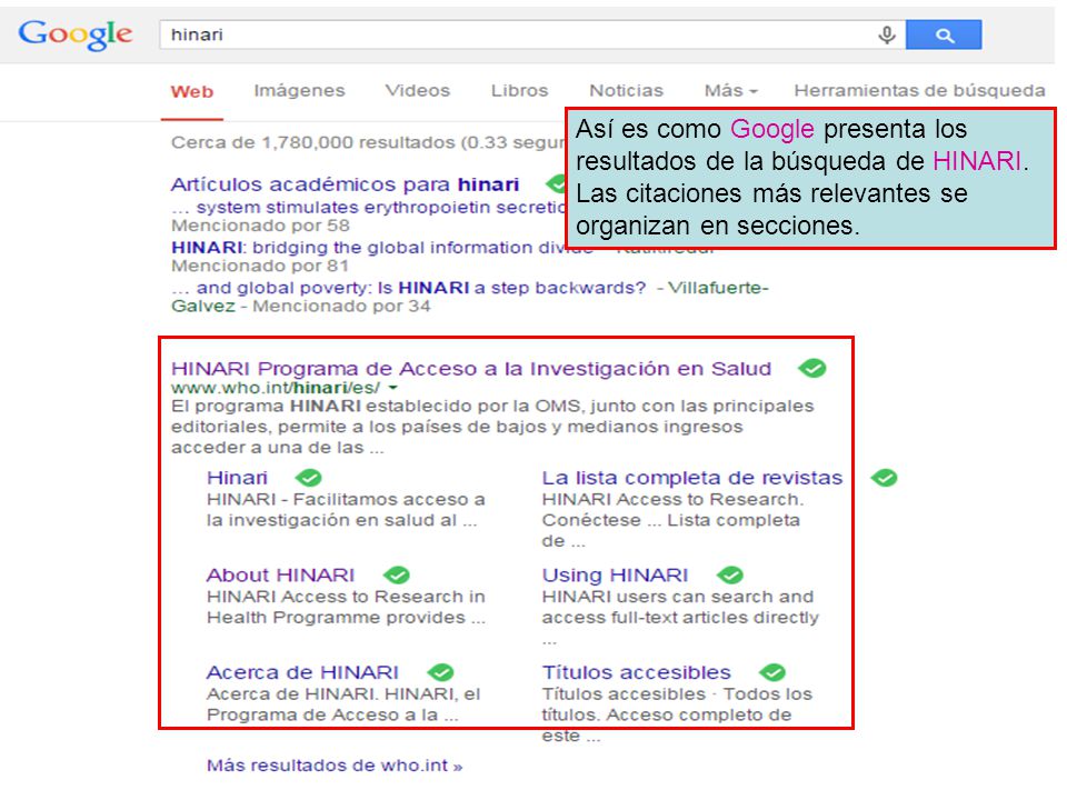 Así es como Google presenta los resultados de la búsqueda de HINARI