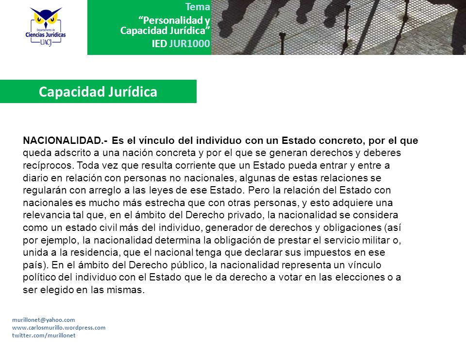 Capacidad Jurídica NACIONALIDAD.- Es el vínculo del individuo con un Estado concreto, por el que.