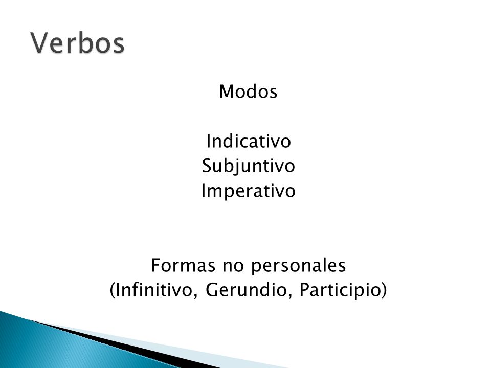 Verbos Modos Indicativo Subjuntivo Imperativo Formas no personales (Infinitivo, Gerundio, Participio)
