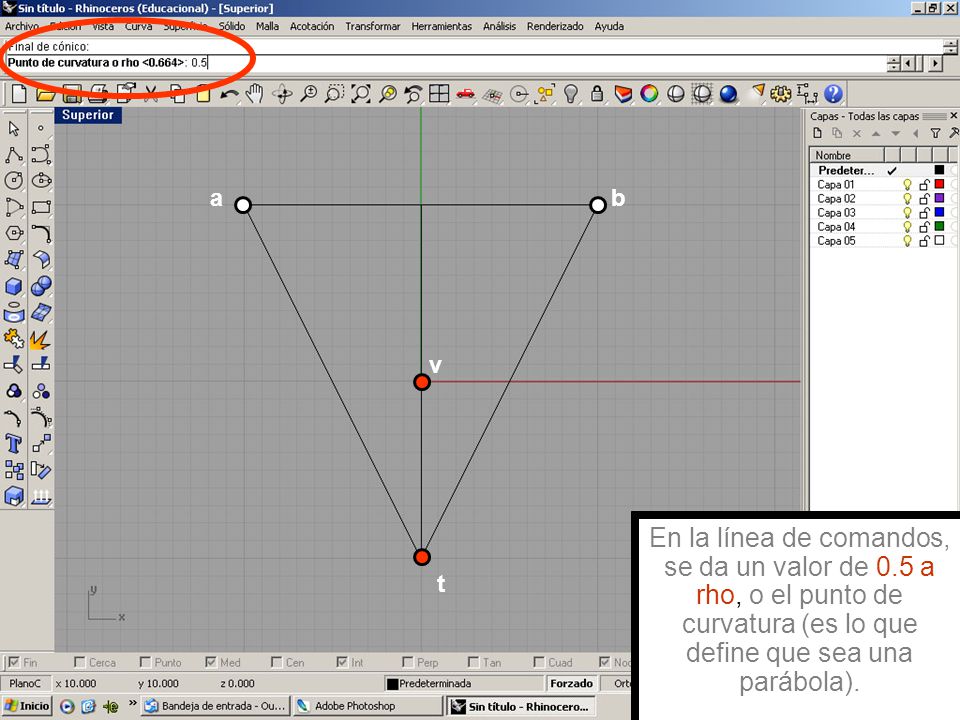 a b. v. En la línea de comandos, se da un valor de 0.5 a rho, o el punto de curvatura (es lo que define que sea una parábola).