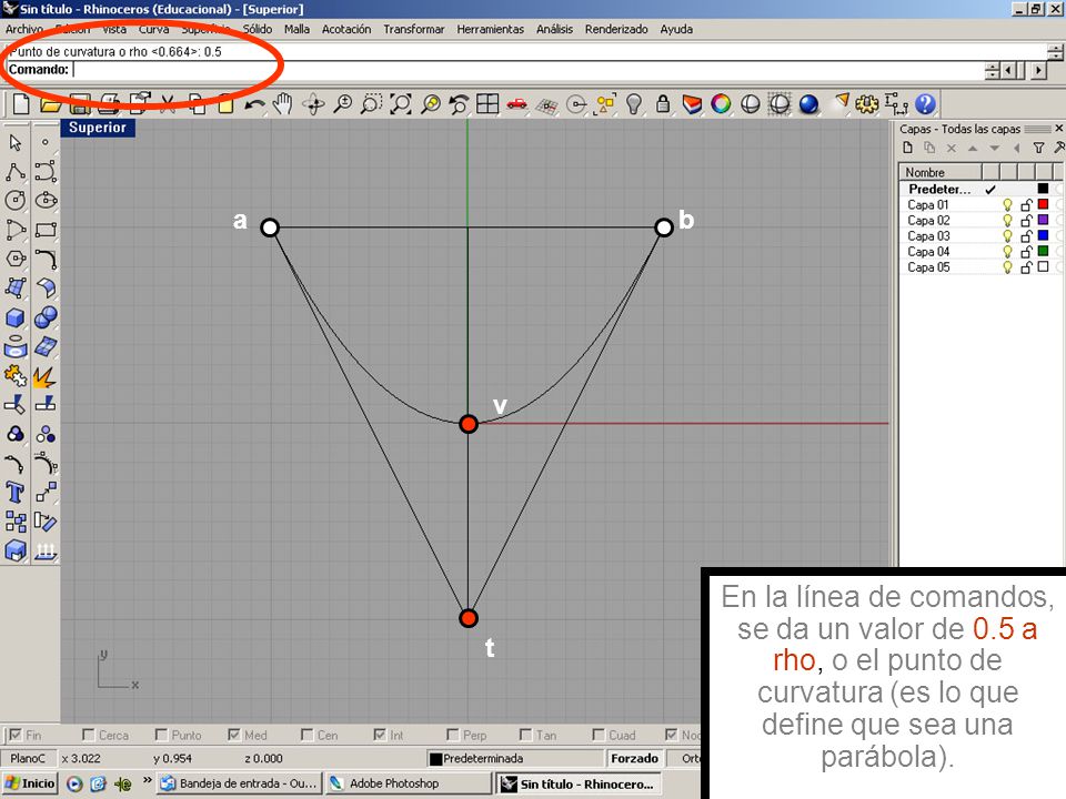a b. v. En la línea de comandos, se da un valor de 0.5 a rho, o el punto de curvatura (es lo que define que sea una parábola).