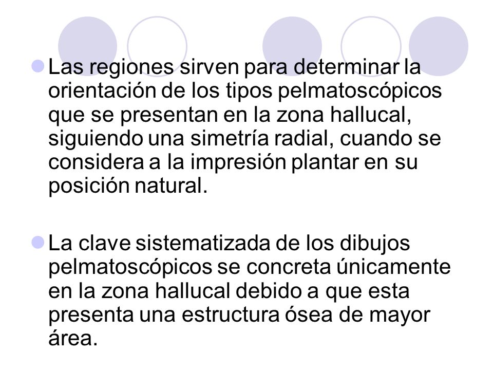 Las regiones sirven para determinar la orientación de los tipos pelmatoscópicos que se presentan en la zona hallucal, siguiendo una simetría radial, cuando se considera a la impresión plantar en su posición natural.