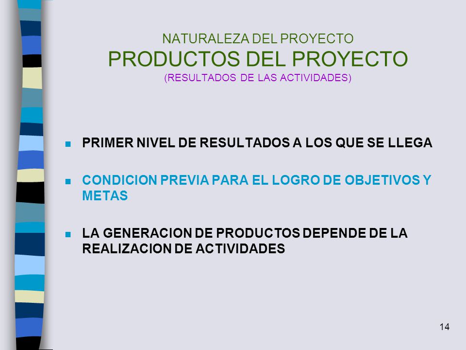 NATURALEZA DEL PROYECTO PRODUCTOS DEL PROYECTO (RESULTADOS DE LAS ACTIVIDADES)