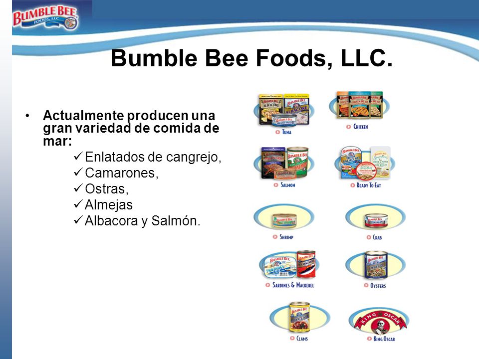 Bumble Bee Foods, LLC. Actualmente producen una gran variedad de comida de mar: Enlatados de cangrejo,