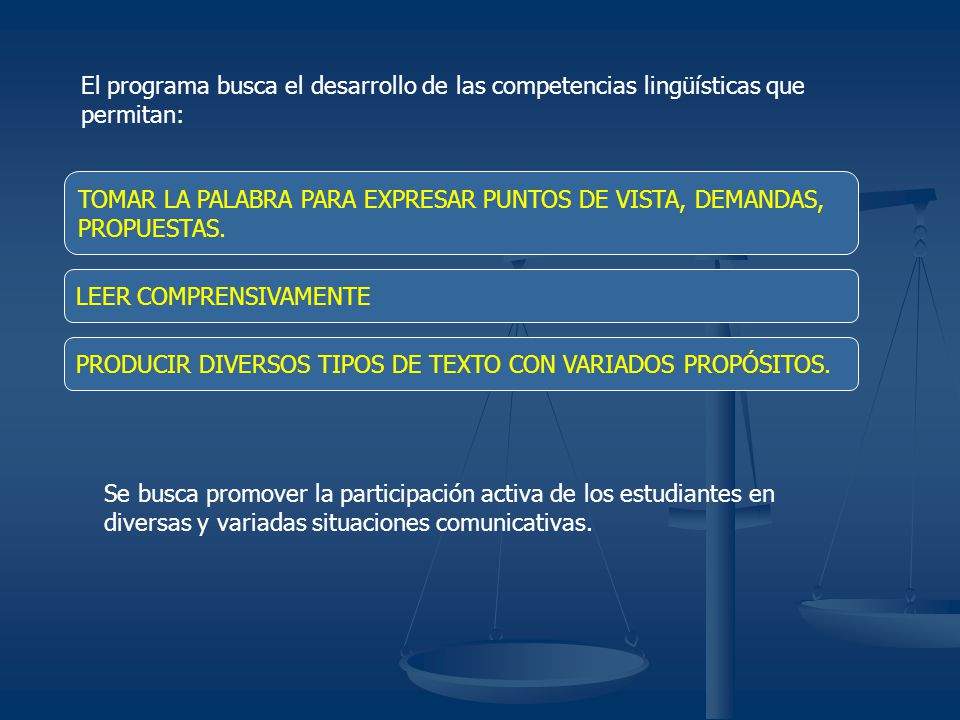 El programa busca el desarrollo de las competencias lingüísticas que permitan: