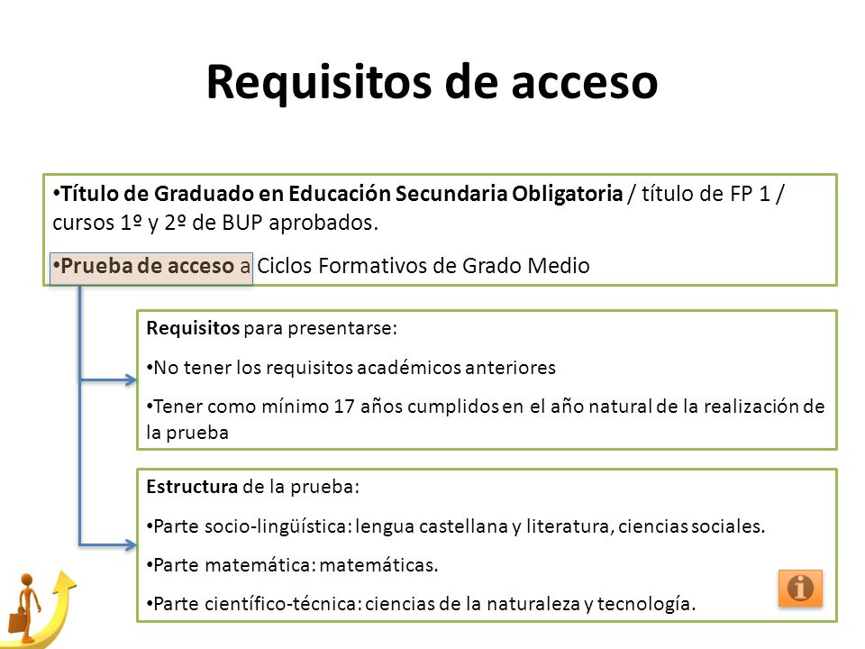 Requisitos de acceso Título de Graduado en Educación Secundaria Obligatoria / título de FP 1 / cursos 1º y 2º de BUP aprobados.