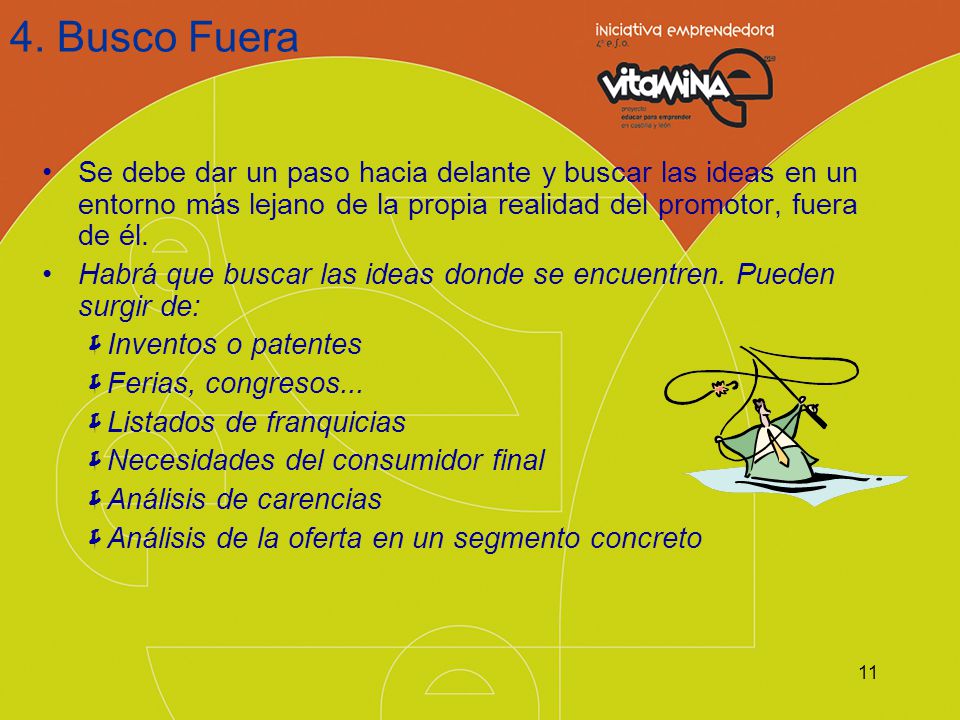 4. Busco Fuera Se debe dar un paso hacia delante y buscar las ideas en un entorno más lejano de la propia realidad del promotor, fuera de él.