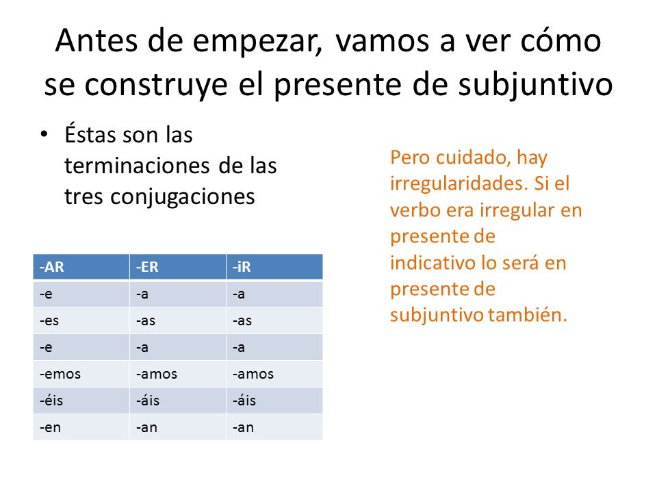 Antes de empezar, vamos a ver cómo se construye el presente de subjuntivo
