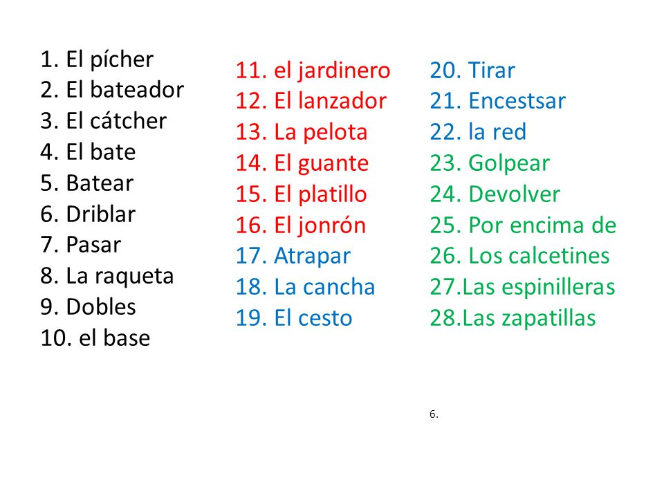 1. El pícher 11. el jardinero 20. Tirar 2. El bateador 12. El lanzador