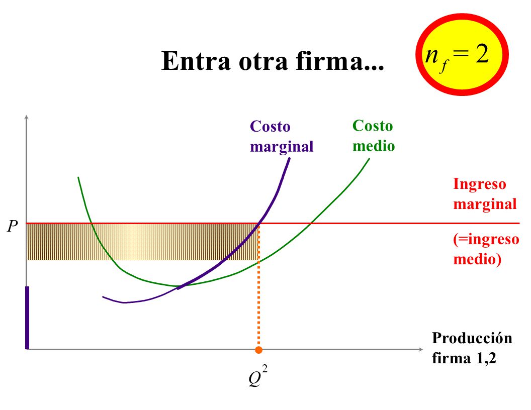 Entra otra firma... n = 2 P Q Costo marginal Costo medio