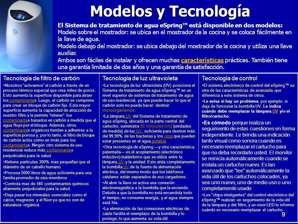 Modelos y Tecnología El Sistema de tratamiento de agua eSpring™ está disponible en dos modelos: