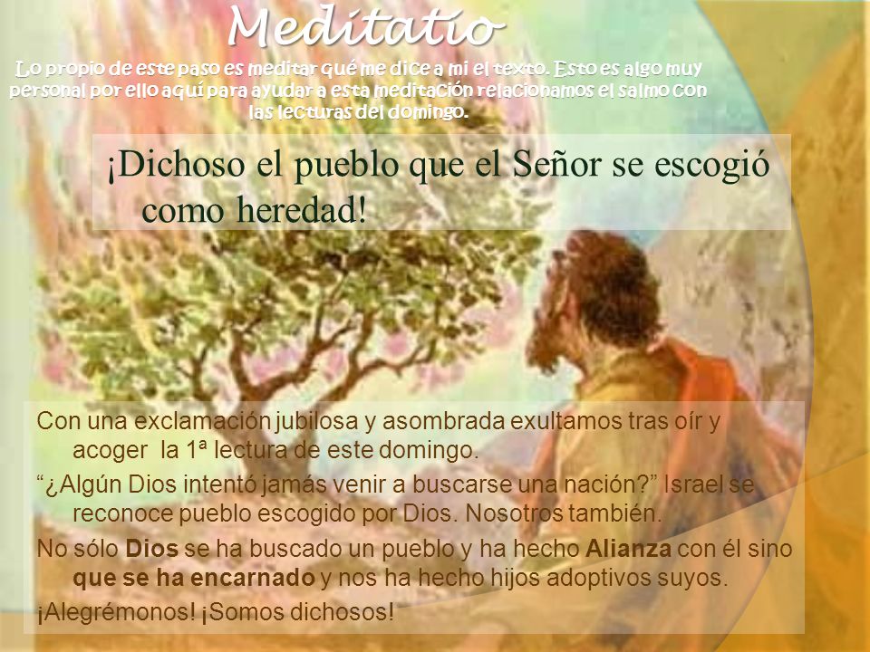 Meditatio Lo propio de este paso es meditar qué me dice a mi el texto