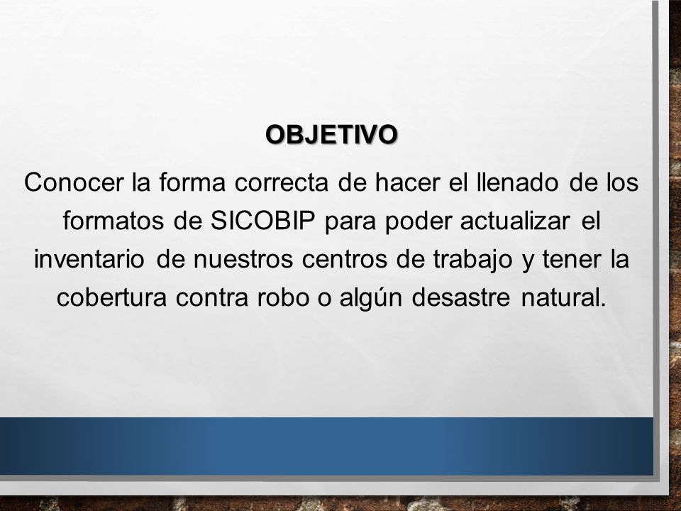OBJETIVO Conocer la forma correcta de hacer el llenado de los formatos de SICOBIP para poder actualizar el inventario de nuestros centros de trabajo y tener la cobertura contra robo o algún desastre natural.