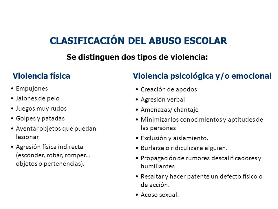 CLASIFICACIÓN DEL ABUSO ESCOLAR Se distinguen dos tipos de violencia:
