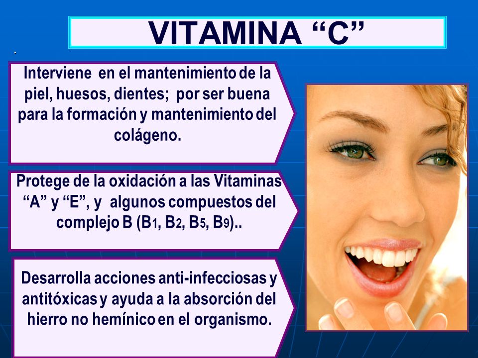 VITAMINA C . Interviene en el mantenimiento de la piel, huesos, dientes; por ser buena para la formación y mantenimiento del colágeno.