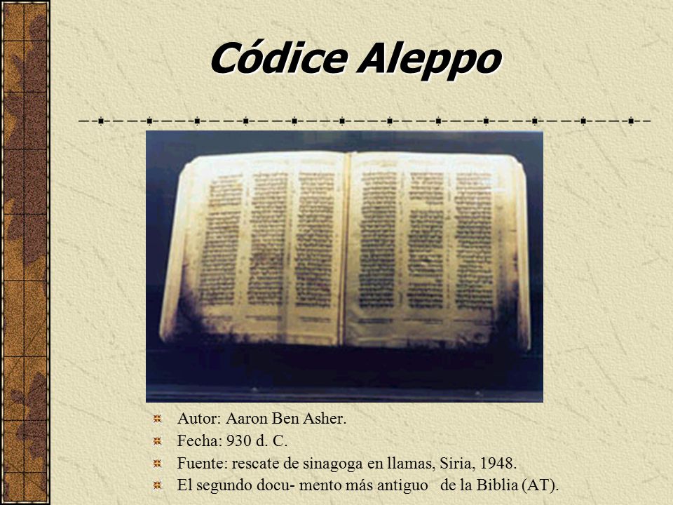 Códice Aleppo Autor: Aaron Ben Asher. Fecha: 930 d. C.