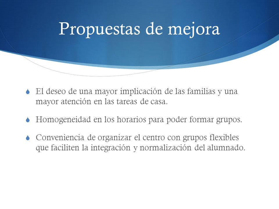 Propuestas de mejora El deseo de una mayor implicación de las familias y una mayor atención en las tareas de casa.