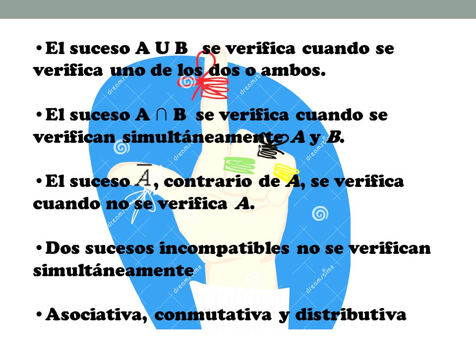 El suceso A U B se verifica cuando se verifica uno de los dos o ambos.