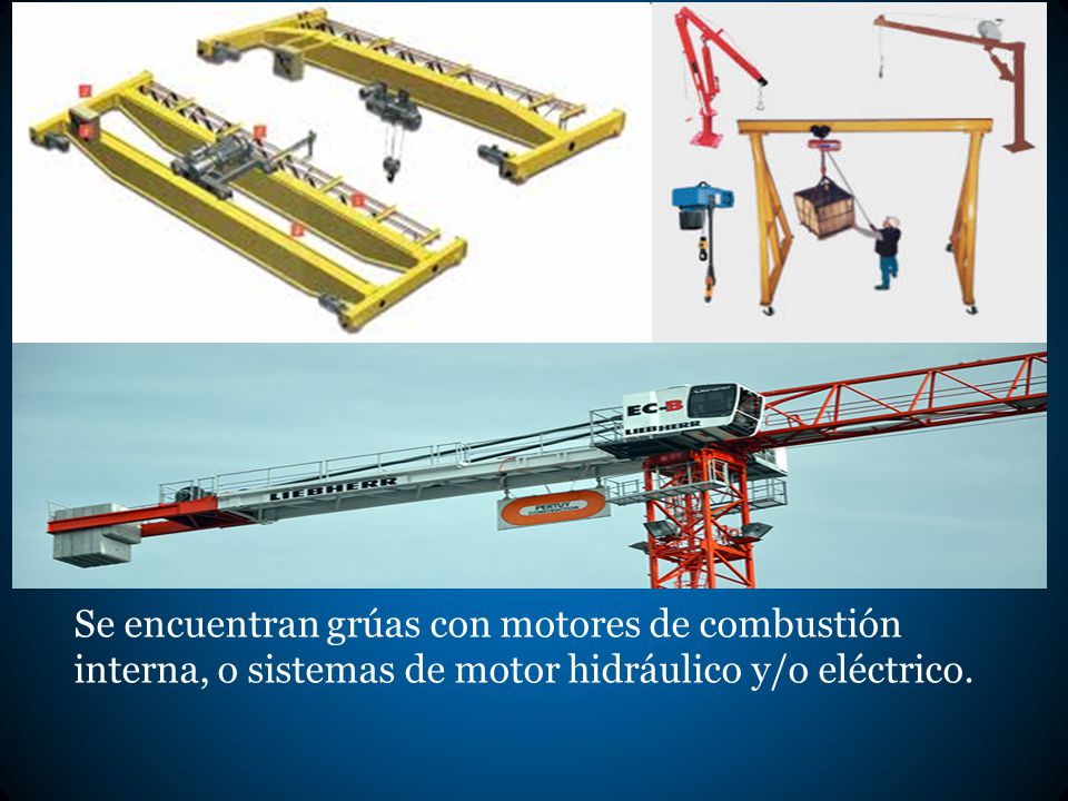 Se encuentran grúas con motores de combustión interna, o sistemas de motor hidráulico y/o eléctrico.