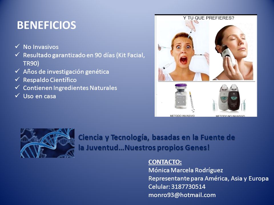 BENEFICIOS No Invasivos. Resultado garantizado en 90 días (Kit Facial, TR90) Años de investigación genética.